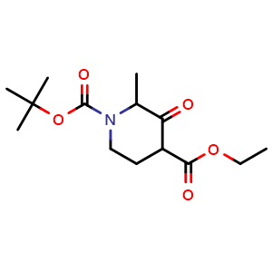 Chemical structure of Ethyl 1-Boc-2-methyl-3-oxopiperidine-4-carboxylate , CAS 1073477-60-7, AChemBlock AD284886