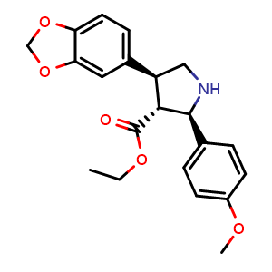 Chemical structure of rel-ethyl (2R,3R,4S)-4-(1,3-benzodioxol-5-yl)-2-(4-methoxyphenyl)pyrrolidine-3-carboxylate , CAS 173864-47-6, AChemBlock AD284889