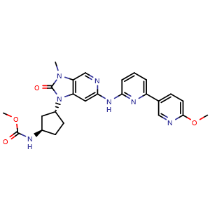 Chemical structure of methyl N-[(1R,3R)-3-[6-[[6-(6-methoxy-3-pyridyl)-2-pyridyl]amino]-3-methyl-2-oxo-imidazo[4,5-c]pyridin-1-yl]cyclopentyl]carbamate , CAS 3057053-16-1, AChemBlock AD284890