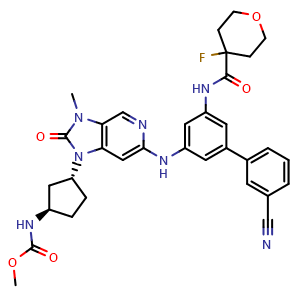 Chemical structure of methyl N-[(1R,3R)-3-[6-[3-(3-cyanophenyl)-5-[(4-fluorotetrahydropyran-4-carbonyl)amino]anilino]-3-methyl-2-oxo-imidazo[4,5-c]pyridin-1-yl]cyclopentyl]carbamate , CAS 3057053-13-8, AChemBlock AD284891