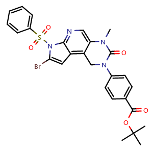 Chemical structure of tert-butyl 4-(8-bromo-4-methyl-3-oxo-7-(phenylsulfonyl)-1,3,4,7-tetrahydro-2H-pyrrolo[3',2':5,6]pyrido[3,4-d]pyrimidin-2-yl)benzoate , CAS 2762891-27-8, AChemBlock AD284892