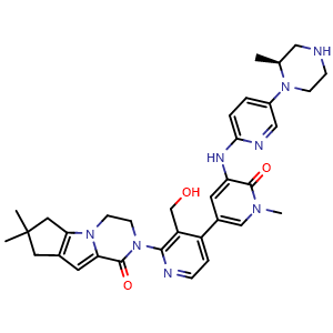 Chemical structure of (S)-2-(3'-(hydroxymethyl)-1-methyl-5-((5-(2-methylpiperazin-1-yl)pyridin-2-yl)amino)-6-oxo-1,6-dihydro-[3,4'-bipyridin]-2'-yl)-7,7-dimethyl-3,4,7,8-tetrahydro-2H-cyclopenta[4,5]pyrrolo[1,2-a]pyrazin-1(6H)-one , CAS 2642231-66-9, AChemBlock AD284905