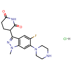 Chemical structure of 3-(5-fluoro-1-methyl-6-piperazin-1-yl-indazol-3-yl)piperidine-2,6-dione hydrochloride , CAS 3037826-59-5, AChemBlock AD284920
