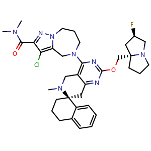 Chemical structure of 3-chloro-5-((S)-2'-(((2R,7aS)-2-fluorotetrahydro-1H-pyrrolizin-7a(5H)-yl)methoxy)-6'-methyl-3,4,5',8'-tetrahydro-2H,6'H-spiro[naphthalene-1,7'-pyrido[4,3-d]pyrimidin]-4'-yl)-N,N-dimethyl-5,6,7,8-tetrahydro-4H-pyrazolo[1,5-a][1,4]diazepine-2-carboxami.. , CAS 2972625-49-1, AChemBlock AD284928