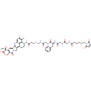 Chemical structure of N-((S)-7-benzyl-17-(((3R,9S)-9-ethyl-5-fluoro-9-hydroxy-4-methyl-10,13-dioxo-2,3,9,10,13,15-hexahydro-1H,12H-benzo[de]pyrano[3',4':6,7]indolizino[1,2-b]quinolin-3-yl)amino)-2,5,8,11,17-pentaoxo-14-oxa-3,6,9,12-tetraazaheptadecyl)-6-(2,5-dioxo-2,5-dih.. , CAS 3035271-58-7, AChemBlock AD284929