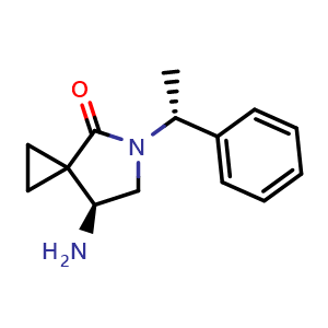 Chemical structure of (7S)-7-amino-5-[(1R)-1-phenylethyl]-5-azaspiro[2.4]heptan-4-one , CAS 127199-38-6, AChemBlock AD284935