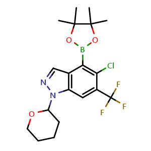 Chemical structure of 5-chloro-1-tetrahydropyran-2-yl-4-(4,4,5,5-tetramethyl-1,3,2-dioxaborolan-2-yl)-6-(trifluoromethyl)indazole , CAS 3040185-40-5, AChemBlock AD284944