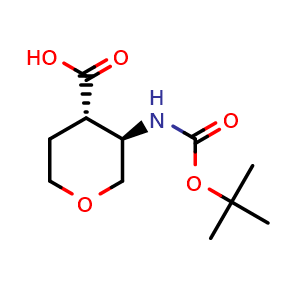 Chemical structure of (3R,4S)-3-(tert-butoxycarbonylamino)tetrahydropyran-4-carboxylic acid , CAS 2940859-08-3, AChemBlock AD284948