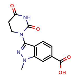 Chemical structure of 3-(2,4-Dioxo-1,3-diazinan-1-yl)-1-methyl-1H-indazole-6-carboxylic acid , CAS 2925099-10-9, AChemBlock AD284953