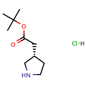 Chemical structure of tert-Butyl 2-[(3S)-pyrrolidin-3-yl]acetate hydrochloride , CAS 2703745-36-0, AChemBlock AD284960