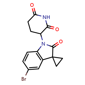 Chemical structure of 3-(5'-Bromo-2'-oxo-spiro[cyclopropane-1,3'-indoline]-1'-yl)piperidine-2,6-dione , CAS 2820501-54-8, AChemBlock AD284966