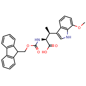Chemical structure of (2S,3S)-2-(9H-fluoren-9-ylmethoxycarbonylamino)-3-(7-methoxy-1H-indol-3-yl)butanoic acid , CAS 3053451-60-5, AChemBlock AD284977
