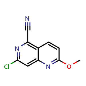Chemical structure of 7-Chloro-2-methoxy-1,6-naphthyridine-5-carbonitrile , CAS 3070212-13-1, AChemBlock AD284992