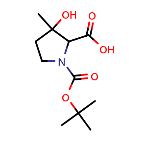 Chemical structure of 1-tert-Butoxycarbonyl-3-hydroxy-3-methyl-pyrrolidine-2-carboxylic acid , CAS 1822579-96-3, AChemBlock AD285011