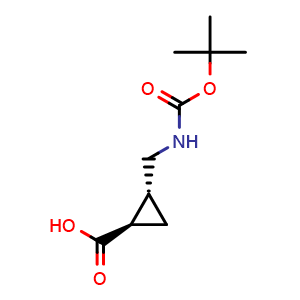 Chemical structure of (1R,2R)-2-[(tert-butoxycarbonylamino)methyl]cyclopropanecarboxylic acid , CAS 153861-53-1, AChemBlock AD285016