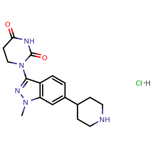 Chemical structure of 1-[1-methyl-6-(4-piperidyl)indazol-3-yl]hexahydropyrimidine-2,4-dione hydrochloride , CAS 2654822-23-6, AChemBlock AD285048