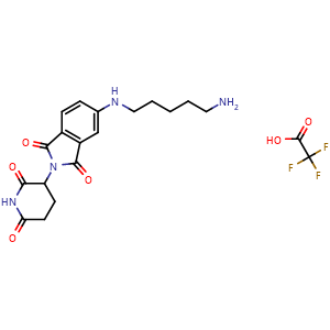 Chemical structure of 5-((5-aminopentyl)amino)-2-(2,6-dioxopiperidin-3-yl)isoindolin-1,3-dione trifluoroacetic acid salt , CAS 2307476-96-4, AChemBlock AD285051