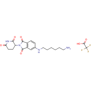 Chemical structure of 5-((6-aminohexyl)amino)-2-(2,6-dioxopiperidin-3-yl)isoindoline-1,3-dione trifluoroacetate , CAS 2097509-17-4, AChemBlock AD285052