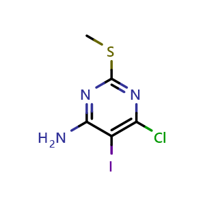 Chemical structure of 6-chloro-5-iodo-2-(methylthio)pyrimidin-4-amine , CAS 500896-56-0, AChemBlock AD285068