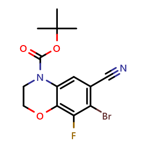 Chemical structure of tert-butyl 7-bromo-6-cyano-8-fluoro-2,3-dihydro-4H-benzo[b][1,4]oxazine-4-carboxylate , CAS 2977256-31-6, AChemBlock AD285076