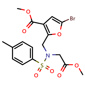 Chemical structure of Methyl 5-bromo-2-[[(2-methoxy-2-oxoethyl)[(4-methylphenyl)sulfonyl]amino]methyl]-3-furancarboxylate , CAS 2414450-63-6, AChemBlock AD285083