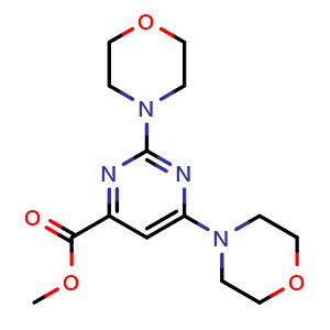 Chemical structure of methyl 2,6-dimorpholinopyrimidine-4-carboxylate , CAS 634154-12-4, AChemBlock AD285085