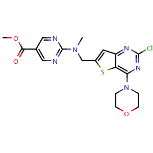 Chemical structure of methyl 2-(((2-chloro-4-morpholinothieno[3,2-d]pyrimidin-6-yl)methyl)(methyl)amino)pyrimidine-5-carboxylate , CAS 1339928-28-7, AChemBlock AD285086