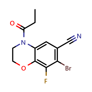 Chemical structure of 7-bromo-8-fluoro-4-propionyl-3,4-dihydro-2H-benzo[b][1,4]oxazine-6-carbonitrile , CAS 2977256-34-9, AChemBlock AD285092