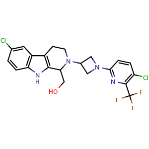Chemical structure of (6-chloro-2-(1-(5-chloro-6-(trifluoromethyl)pyridin-2-yl)azetidin-3-yl)-2,3,4,9-tetrahydro-1H-pyrido[3,4-b]indol-1-yl)methanol , CAS 2411779-58-1, AChemBlock AD285093
