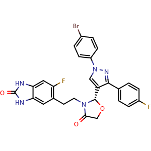 Chemical structure of (S)-2-(1-(4-bromophenyl)-3-(4-fluorophenyl)-1H-pyrazol-4-yl)-3-(2-(6-fluoro-2-oxo-2,3-dihydro-1H-benzo[d]imidazol-5-yl)ethyl)oxazolidin-4-one , CAS 2137847-78-8, AChemBlock AD285096
