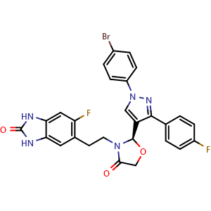 Chemical structure of (R)-2-(1-(4-bromophenyl)-3-(4-fluorophenyl)-1H-pyrazol-4-yl)-3-(2-(6-fluoro-2-oxo-2,3-dihydro-1H-benzo[d]imidazol-5-yl)ethyl)oxazolidin-4-one , CAS 2137847-30-2, AChemBlock AD285098