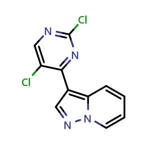 Chemical structure of 3-(2,5-dichloropyrimidin-4-yl)pyrazolo[1,5-a]pyridine , CAS 1224709-13-0, AChemBlock AD285103