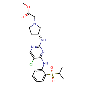 Chemical structure of methyl (R)-2-(3-((5-chloro-4-((2-(isopropylsulfonyl)phenyl)amino)pyrimidin-2-yl)amino)pyrrolidin-1-yl)acetate , CAS 2965238-87-1, AChemBlock AD285105