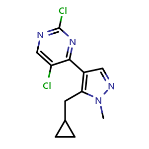 Chemical structure of 2,5-dichloro-4-(5-(cyclopropylmethyl)-1-methyl-1H-pyrazol-4-yl)pyrimidine , CAS 2079069-47-7, AChemBlock AD285106