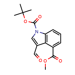 Chemical structure of 1-(tert-butyl) 4-methyl 3-formyl-1H-indole-1,4-dicarboxylate , CAS 1260788-92-8, AChemBlock AD285109