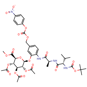 Chemical structure of (2S,3R,4S,5S,6S)-2-(2-((S)-2-((S)-2-((tert-butoxycarbonyl)amino)-3-methylbutanamido)propanamido)-5-((((4-nitrophenoxy)carbonyl)oxy)methyl)phenoxy)-6-(methoxycarbonyl)tetrahydro-2H-pyran-3,4,5-triyl triacetate , CAS 2460461-34-9, AChemBlock AD285116