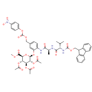 Chemical structure of (2S,3R,4S,5S,6S)-2-(2-((S)-2-((S)-2-((((9H-fluoren-9-yl)methoxy)carbonyl)amino)-3-methylbutanamido)propanamido)-5-((((4-nitrophenoxy)carbonyl)oxy)methyl)phenoxy)-6-(methoxycarbonyl)tetrahydro-2H-pyran-3,4,5-triyl triacetate , CAS 2460460-94-8, AChemBlock AD285117