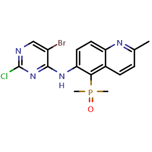 Chemical structure of (6-((5-bromo-2-chloropyrimidin-4-yl)amino)-2-methylquinolin-5-yl)dimethylphosphine oxide , CAS 2758532-34-0, AChemBlock AD285143