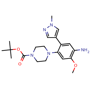Chemical structure of tert-butyl 4-(4-amino-5-methoxy-2-(1-methyl-1H-pyrazol-4-yl)phenyl)piperazine-1-carboxylate , CAS 2634649-24-2, AChemBlock AD285148