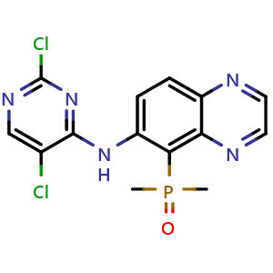 Chemical structure of (6-((2,5-dichloropyrimidin-4-yl)amino)quinoxalin-5-yl)dimethylphosphine oxide , CAS 2267330-76-5, AChemBlock AD285149