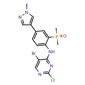 Chemical structure of (2-((5-bromo-2-chloropyrimidin-4-yl)amino)-5-(1-methyl-1H-pyrazol-4-yl)phenyl)dimethylphosphine oxide , CAS 2638536-11-3, AChemBlock AD285151