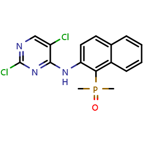 Chemical structure of (2-((2,5-dichloropyrimidin-4-yl)amino)naphthalen-1-yl)dimethylphosphine oxide , CAS 2267330-71-0, AChemBlock AD285153