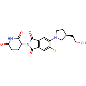 Chemical structure of 2-(2,6-dioxopiperidin-3-yl)-5-fluoro-6-((S)-3-(2-hydroxyethyl)pyrrolidin-1-yl)isoindoline-1,3-dione , CAS 2837986-20-4, AChemBlock AD285155