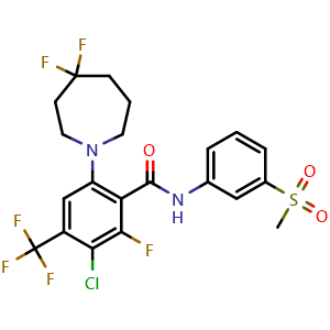 Chemical structure of 3-chloro-6-(4,4-difluoroazepan-1-yl)-2-fluoro-N-(3-(methylsulfonyl)phenyl)-4-(trifluoromethyl)benzamide , CAS 2629363-73-9, AChemBlock AD285169