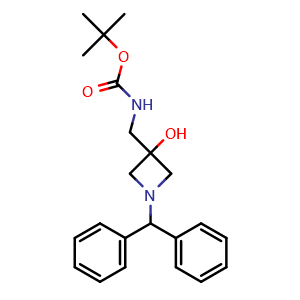 Chemical structure of tert-butyl ((1-benzhydryl-3-hydroxyazetidin-3-yl)methyl)carbamate , CAS 2245187-63-5, AChemBlock AD285170