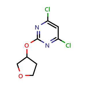 Chemical structure of 4,6-dichloro-2-((tetrahydrofuran-3-yl)oxy)pyrimidine , CAS 934179-01-8, AChemBlock AD285172