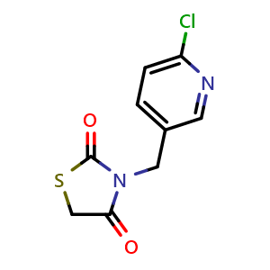 Chemical structure of 3-((6-chloropyridin-3-yl)methyl)thiazolidine-2,4-dione , CAS 1016734-10-3, AChemBlock AD285175