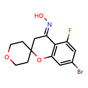Chemical structure of (E)-7-bromo-5-fluoro-2',3',5',6'-tetrahydrospiro[chromane-2,4'-pyran]-4-one oxime , CAS 2695510-06-4, AChemBlock AD285176