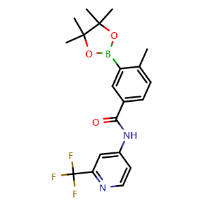 Chemical structure of 4-methyl-3-(4,4,5,5-tetramethyl-1,3,2-dioxaborolan-2-yl)-N-(2-(trifluoromethyl)pyridin-4-yl)benzamide , CAS 2695510-36-0, AChemBlock AD285177