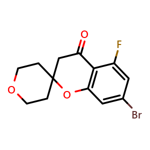 Chemical structure of 7-bromo-5-fluoro-2',3',5',6'-tetrahydrospiro[chromane-2,4'-pyran]-4-one , CAS 2695510-05-3, AChemBlock AD285179